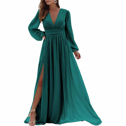 Women Long Sleeve Bridesmaid Dresses Slit Long Pleated Formal Evening Party Gown