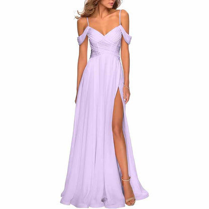 Chiffon Bridesmaid Dresses with Pockets V Neck Long Prom Dress Formal Evening Gown with Slit