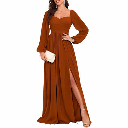Long Sleeve Bridesmaid Dresses Long Pleated Chiffon Formal Evening Dresses with Slit