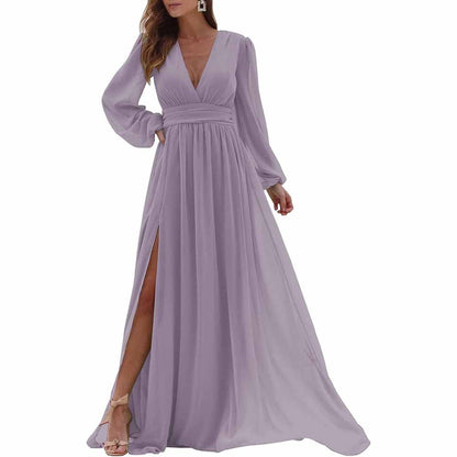 Women Long Sleeve Bridesmaid Dresses Slit Long Pleated Formal Evening Party Gown
