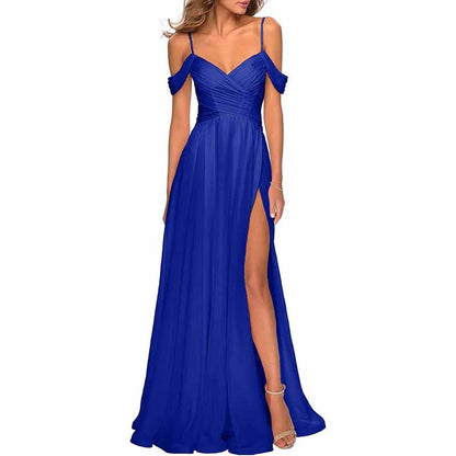 Chiffon Bridesmaid Dresses with Pockets V Neck Long Prom Dress Formal Evening Gown with Slit