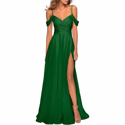 Chiffon Bridesmaid Dresses with Pockets V Neck Long Prom Dress Formal Evening Gown with Slit