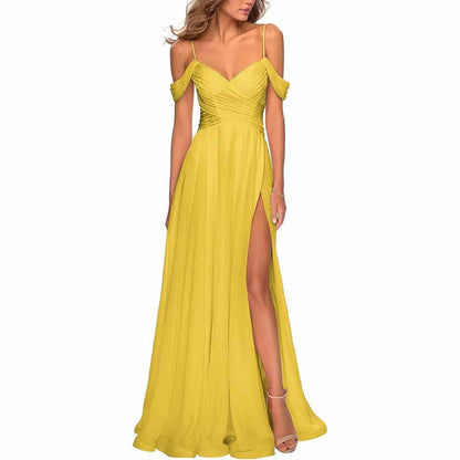 Chiffon Bridesmaid Dresses with Pockets V Neck Long Prom Dress Formal Evening Gown with Slit