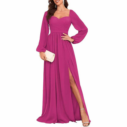 Long Sleeve Bridesmaid Dresses Long Pleated Chiffon Formal Evening Dresses with Slit