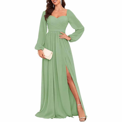 Long Sleeve Bridesmaid Dresses Long Pleated Chiffon Formal Evening Dresses with Slit