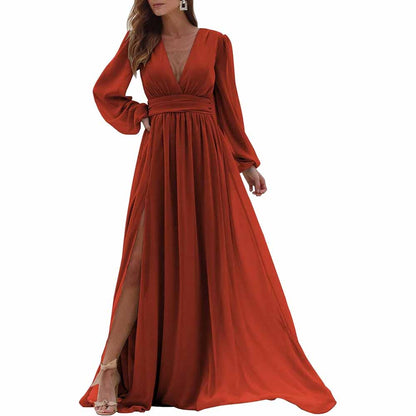 Women Long Sleeve Bridesmaid Dresses Slit Long Pleated Formal Evening Party Gown