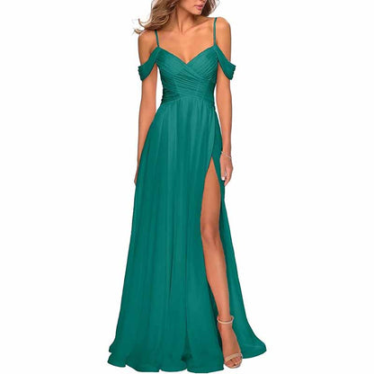 Chiffon Bridesmaid Dresses with Pockets V Neck Long Prom Dress Formal Evening Gown with Slit