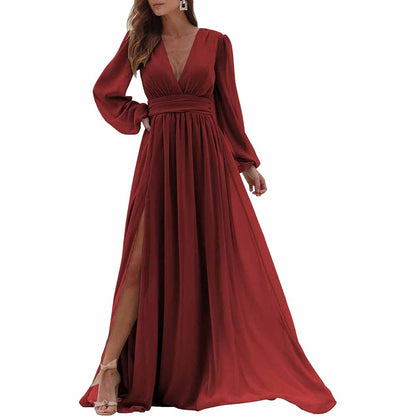 Women Long Sleeve Bridesmaid Dresses Slit Long Pleated Formal Evening Party Gown