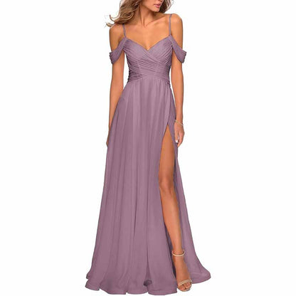 Chiffon Bridesmaid Dresses with Pockets V Neck Long Prom Dress Formal Evening Gown with Slit