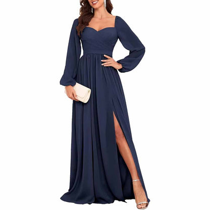 Long Sleeve Bridesmaid Dresses Long Pleated Chiffon Formal Evening Dresses with Slit