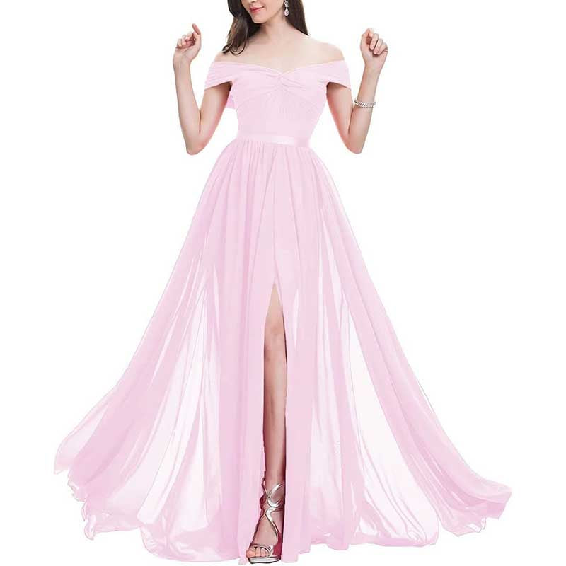 Off Shoulder Bridesmaid Dresses A-line Pleated Chiffon Formal Evening Gowns