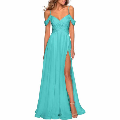 Chiffon Bridesmaid Dresses with Pockets V Neck Long Prom Dress Formal Evening Gown with Slit