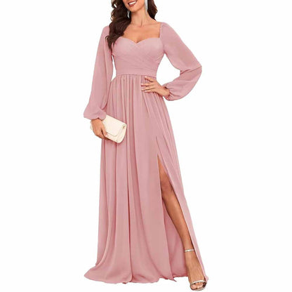 Long Sleeve Bridesmaid Dresses Long Pleated Chiffon Formal Evening Dresses with Slit