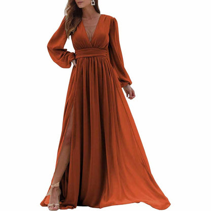 Women Long Sleeve Bridesmaid Dresses Slit Long Pleated Formal Evening Party Gown