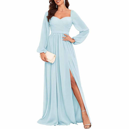 Long Sleeve Bridesmaid Dresses Long Pleated Chiffon Formal Evening Dresses with Slit