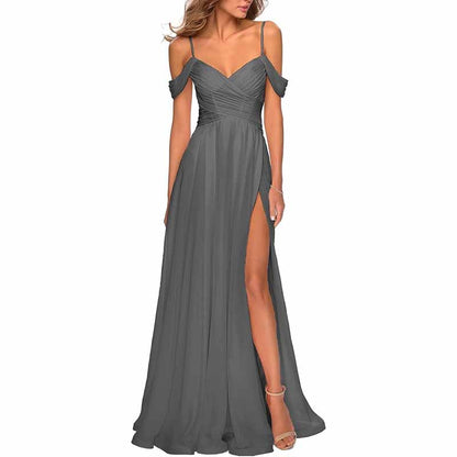 Chiffon Bridesmaid Dresses with Pockets V Neck Long Prom Dress Formal Evening Gown with Slit