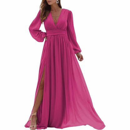 Women Long Sleeve Bridesmaid Dresses Slit Long Pleated Formal Evening Party Gown