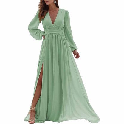 Women Long Sleeve Bridesmaid Dresses Slit Long Pleated Formal Evening Party Gown