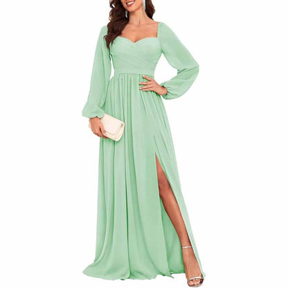 Long Sleeve Bridesmaid Dresses Long Pleated Chiffon Formal Evening Dresses with Slit