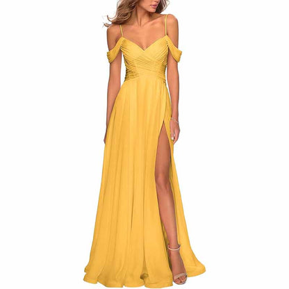 Chiffon Bridesmaid Dresses with Pockets V Neck Long Prom Dress Formal Evening Gown with Slit