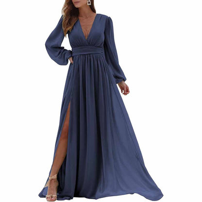 Women Long Sleeve Bridesmaid Dresses Slit Long Pleated Formal Evening Party Gown