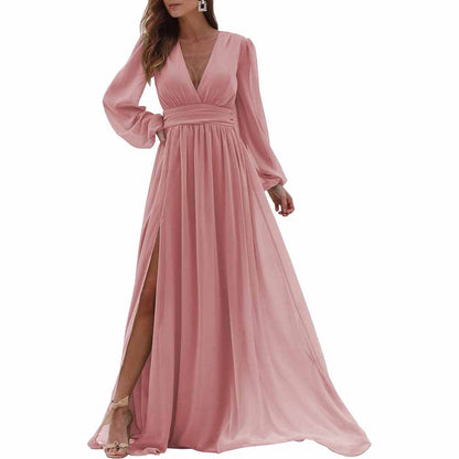 Women Long Sleeve Bridesmaid Dresses Slit Long Pleated Formal Evening Party Gown