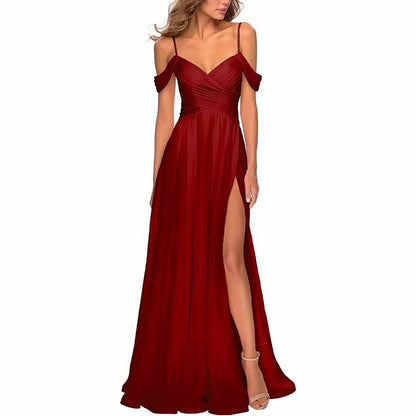 Chiffon Bridesmaid Dresses with Pockets V Neck Long Prom Dress Formal Evening Gown with Slit
