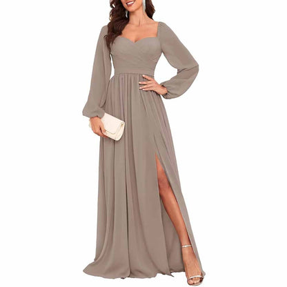 Long Sleeve Bridesmaid Dresses Long Pleated Chiffon Formal Evening Dresses with Slit