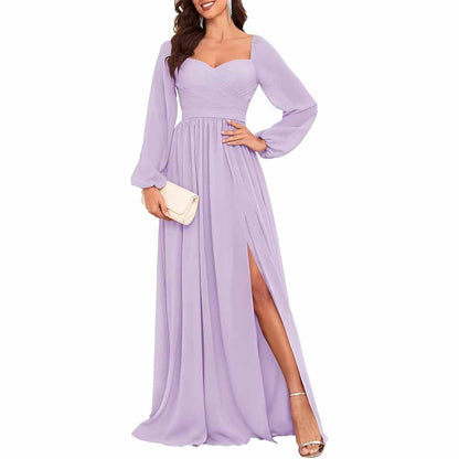 Long Sleeve Bridesmaid Dresses Long Pleated Chiffon Formal Evening Dresses with Slit