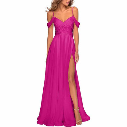 Chiffon Bridesmaid Dresses with Pockets V Neck Long Prom Dress Formal Evening Gown with Slit