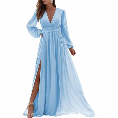 Women Long Sleeve Bridesmaid Dresses Slit Long Pleated Formal Evening Party Gown