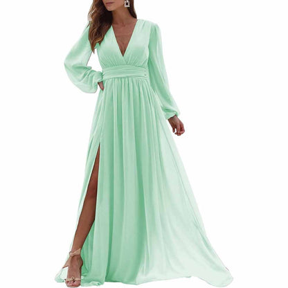 Women Long Sleeve Bridesmaid Dresses Slit Long Pleated Formal Evening Party Gown
