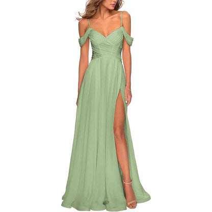 Chiffon Bridesmaid Dresses with Pockets V Neck Long Prom Dress Formal Evening Gown with Slit