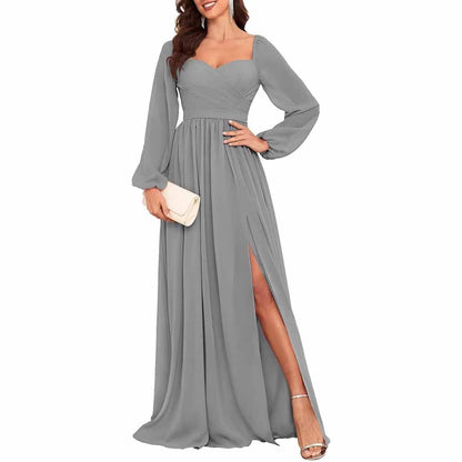 Long Sleeve Bridesmaid Dresses Long Pleated Chiffon Formal Evening Dresses with Slit