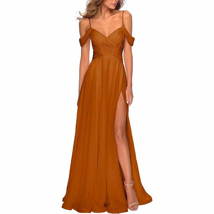 Chiffon Bridesmaid Dresses with Pockets V Neck Long Prom Dress Formal Evening Gown with Slit