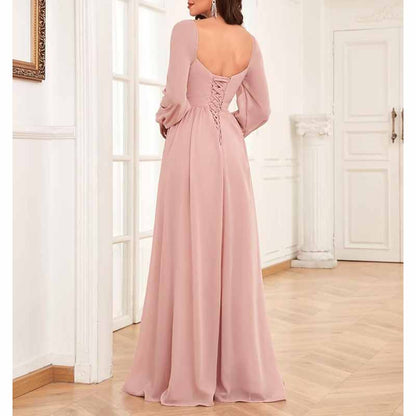 Long Sleeve Bridesmaid Dresses Long Pleated Chiffon Formal Evening Dresses with Slit