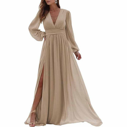 Women Long Sleeve Bridesmaid Dresses Slit Long Pleated Formal Evening Party Gown