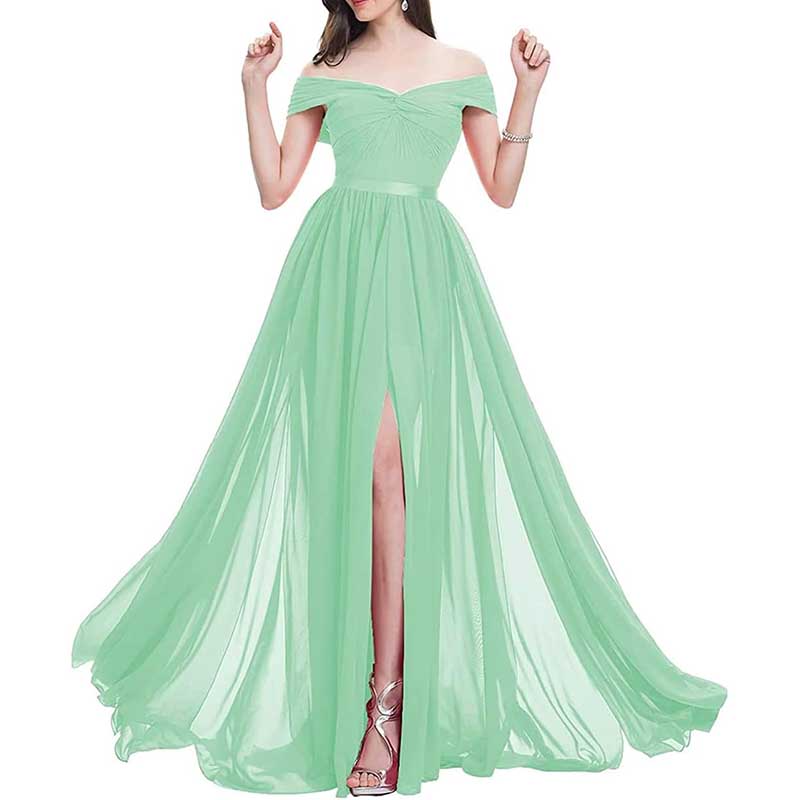 Off Shoulder Bridesmaid Dresses A-line Pleated Chiffon Formal Evening Gowns