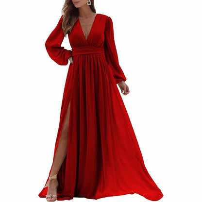Women Long Sleeve Bridesmaid Dresses Slit Long Pleated Formal Evening Party Gown