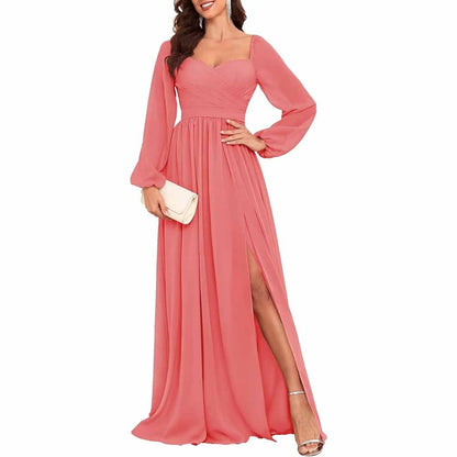 Long Sleeve Bridesmaid Dresses Long Pleated Chiffon Formal Evening Dresses with Slit