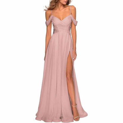Chiffon Bridesmaid Dresses with Pockets V Neck Long Prom Dress Formal Evening Gown with Slit