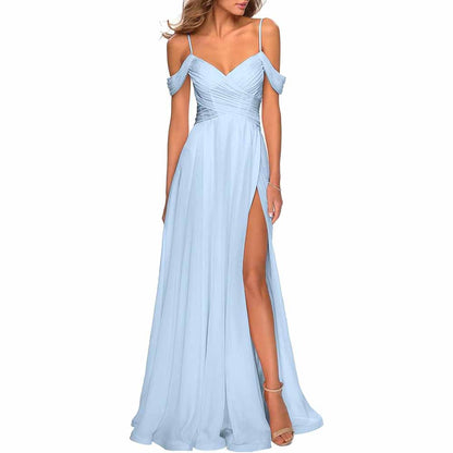 Chiffon Bridesmaid Dresses with Pockets V Neck Long Prom Dress Formal Evening Gown with Slit
