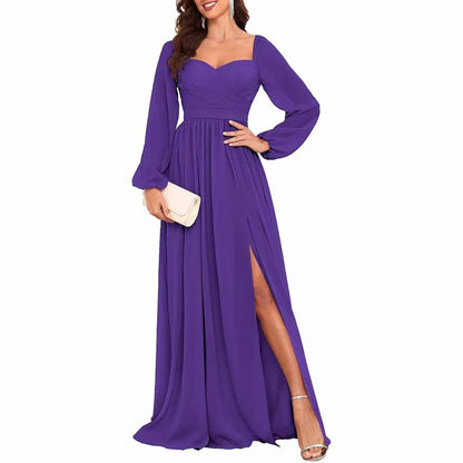 Long Sleeve Bridesmaid Dresses Long Pleated Chiffon Formal Evening Dresses with Slit