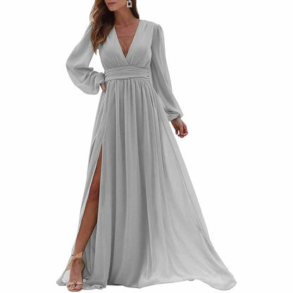 Women Long Sleeve Bridesmaid Dresses Slit Long Pleated Formal Evening Party Gown