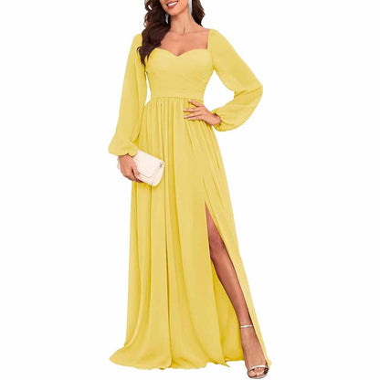 Long Sleeve Bridesmaid Dresses Long Pleated Chiffon Formal Evening Dresses with Slit