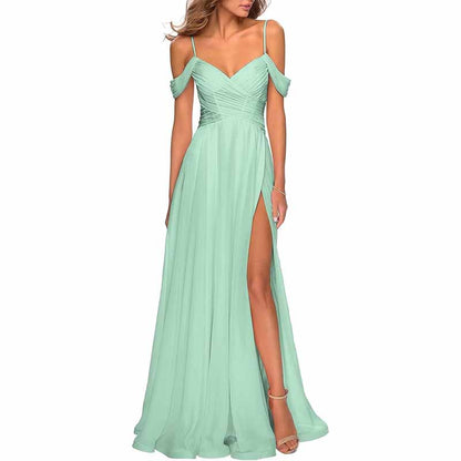 Chiffon Bridesmaid Dresses with Pockets V Neck Long Prom Dress Formal Evening Gown with Slit