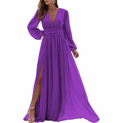 Women Long Sleeve Bridesmaid Dresses Slit Long Pleated Formal Evening Party Gown