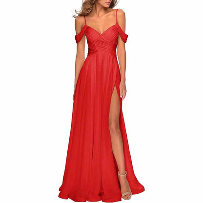 Chiffon Bridesmaid Dresses with Pockets V Neck Long Prom Dress Formal Evening Gown with Slit