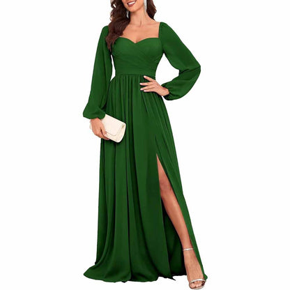 Long Sleeve Bridesmaid Dresses Long Pleated Chiffon Formal Evening Dresses with Slit