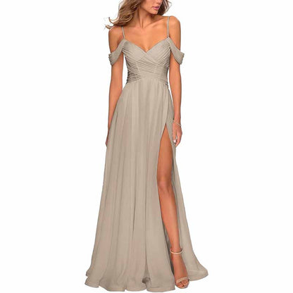 Chiffon Bridesmaid Dresses with Pockets V Neck Long Prom Dress Formal Evening Gown with Slit